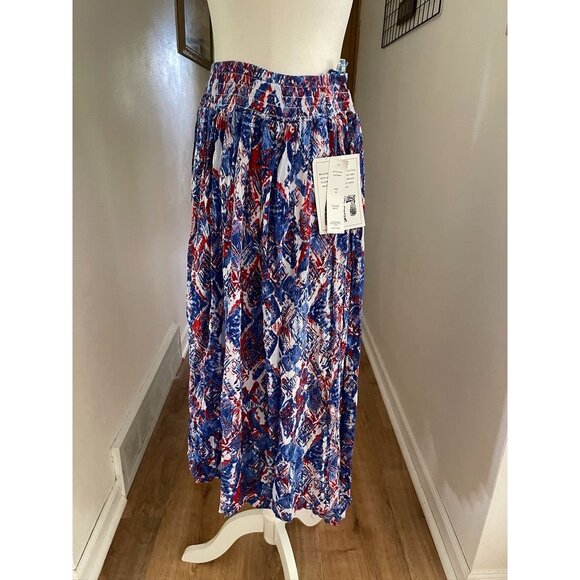 NWT New Direction Women's Midi Skirt Red & Blue Abstract Print  Elastic Waist Li - Picture 3 of 6